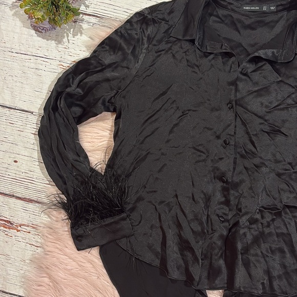 Karen Millen Satin Crepe Feather Trim Black Layered Black Blouse - Picture 9 of 11